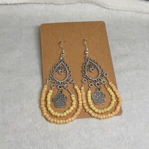 Elegant Silver and Yellow Beaded Paw Earrings
